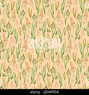 Motif sans couture. Aquarelle des herbes sauvages de prairie sur un fond beige. Conception pour l'emballage de papier, de tissu, de papier peint et autres impressions. Banque D'Images