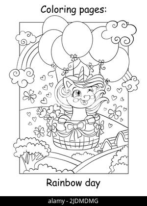 mignonne licorne volant sur des ballons d'air. Page de livre de coloriage pour les enfants. Illustration de dessin animé vectoriel isolée sur fond blanc. Pour livre de coloriage, edu Illustration de Vecteur