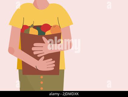 Illustration vectorielle d'une fille tenant un sac en papier éco-conscient plein de fruits Illustration de Vecteur