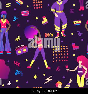 People Disco Party sans couture vecteur fille et garçon motif. 80s fond plat femme et homme Illustration de Vecteur