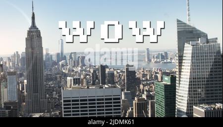 Image de texte wow en lettres numériques blanches sur fond de paysage urbain Banque D'Images