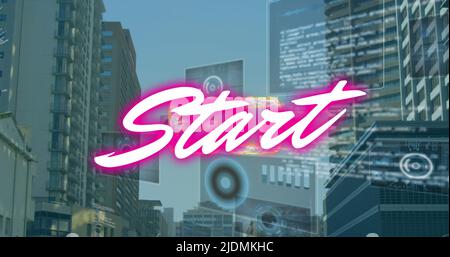 Image du texte de départ et du traitement des données sur Cityscape Banque D'Images