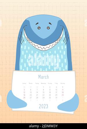 calendrier du 2023 mars, joli requin tenant une feuille de calendrier mensuelle, style puéril dessiné à la main. Illustration de Vecteur