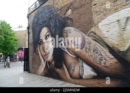 Londres, Royaume-Uni: L'artiste de rue JXC a peint une fresque d'Amy Winehouse sur un mur de briques sur le côté du pub Hawley Arms à Camden. Anna Watson/Alamy Banque D'Images