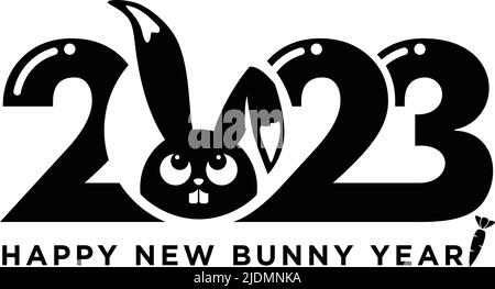 Logo 2023 ans. Nouvelle année chinoise du lapin. Signe d'horoscope de lapin noir. Symbole drôle de la nouvelle année. Vecteur plat sur fond transparent Illustration de Vecteur