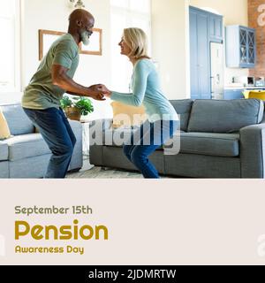 Image composite numérique du couple multiracial senior heureux, texte de la journée de sensibilisation à la retraite du 15 septembre Banque D'Images