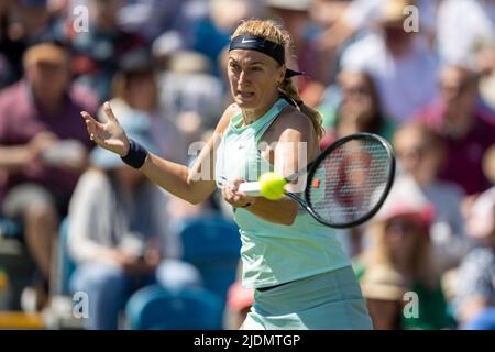 Eastbourne, Angleterre, 22 juin 2022. Petra Kvitova jouant de l'avant-main d'une seule main pendant son match avec Katie Boulter de Grande-Bretagne sur le Centre court à l'internationale Rothesay. Crédit : Jane Stokes/Alay Live News Banque D'Images