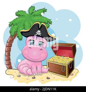 Hippopotame pirate, personnage de dessin animé du jeu, animal sauvage dans un bandana et un chapeau de coké avec un crâne, avec un oeil patch.personnage avec ey brillant Illustration de Vecteur