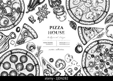 Illustration représentant une pizza dessinée à la main. Arrière-plan avec esquisse grecque, margherita, pepperoni, veggie, jambon et champignons et pizzas de fruits de mer. Illustration de Vecteur