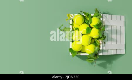 Bannière de tennis jaune, balles de tennis dans une boîte blanche en bois avec branches vertes sur fond vert avec espace de copie. Été, compétition de tennis. Banque D'Images