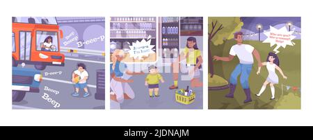 Jeu de sécurité enfant de compositions carrées avec des enfants et des personnages adultes dans diverses situations potentiellement dangereuses illustration de vecteur Illustration de Vecteur