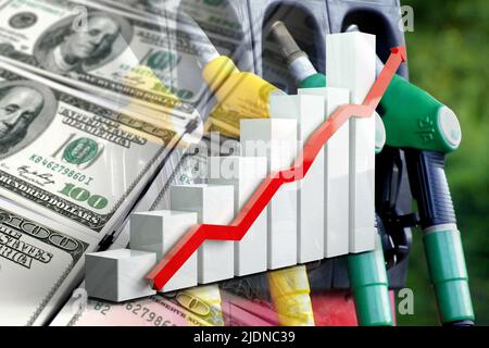 Graphique de l'économie : flèche montante, pompes à gaz et dollars en espèces. Hausse du prix de l'essence. Banque D'Images