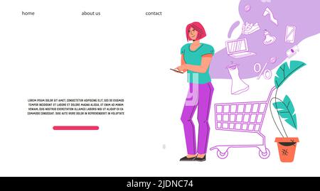 Bannière de site Web de vente de boutique en ligne avec l'acheteur commandant des marchandises, illustration vectorielle plate. Concept d'achat en ligne pour le site Web et la page d'arrivée, présentation Illustration de Vecteur