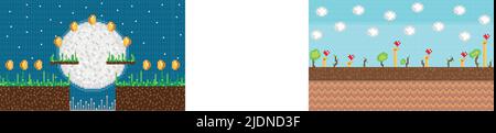 Décor de jeux vidéo pixélisés de couleur avec pièces de monnaie dorées et vecteur de lune Illustration de Vecteur