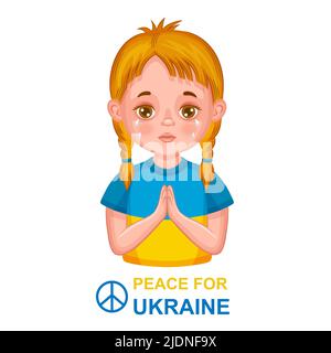 L'enfant ukrainien prie pour la paix, arrêter la guerre, soutien de l'Ukraine. Aidez à sauver le pays d'Europe. Fille pleurer dans des vêtements de couleur drapeau. Russie vecteur d'agression militaire Illustration de Vecteur