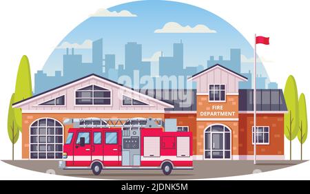 Composition de dessins animés de pompiers avec fond urbain rond et bâtiment de service d'incendie avec illustration de vecteur de lutte contre l'incendie Illustration de Vecteur