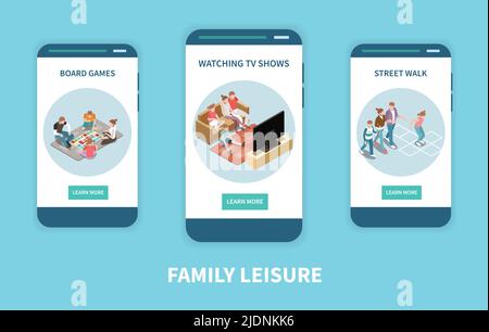 Famille loisirs jeu isométrique vertical personnes bannière ensemble avec jeux de société regarder des séries tv et de la rue descriptions illustration vectorielle Illustration de Vecteur