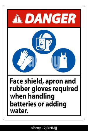 Danger : écran facial, tablier et gants en caoutchouc requis lors de la manipulation des batteries ou de l'ajout d'eau avec les symboles EPI Illustration de Vecteur