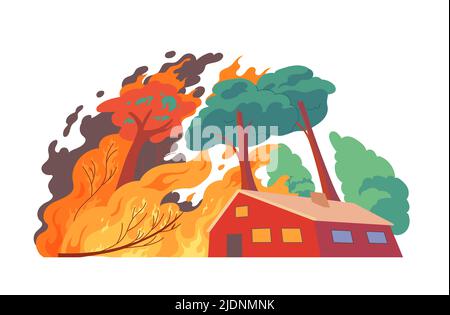 Feu de forêt, maison en feu désastre naturel Illustration de Vecteur