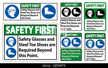 Des lunettes de sécurité d'abord et des chaussures à bout en acier sont requises au-delà de ce point Illustration de Vecteur