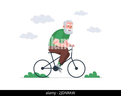 Un homme plus âgé s'amuse et se porte à vélo. Un homme âgé se balade à vélo. Vieux barbu activité saine style de vie. Grand-père à la retraite. Joyeux vacances senior. Grand-père actif vecteur eps Illustration de Vecteur