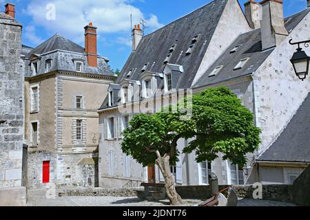 Maisons anciennes dans un quartier résidentiel avec une rue pavée étroite dans la ville médiévale de Blois, France Banque D'Images