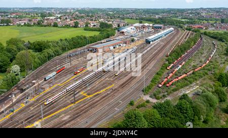 Image aérienne, dépôt de train de Neville Hill, 17th mai 2022. Banque D'Images