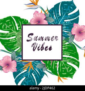 Vibes d'été. Motif circulaire tropical vert d'été avec fleurs tropicales et feuilles de monstère. Conception du cadre. Copier l'espace Illustration de Vecteur