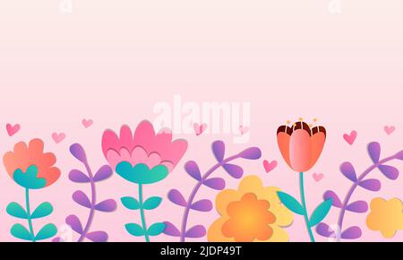 Arrière-plan floral d'été ou de printemps avec espace de copie. Bannière de modèle panoramique horizontal. Différentes fleurs, formes de coeur. Rose, violet et jaune Illustration de Vecteur