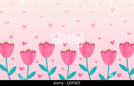 Bannière avec tulipes roses au fond et formes de coeur. Illustration vectorielle de fleurs d'été ou de printemps sur fond pastel dégradé. Toile de fond pour Illustration de Vecteur