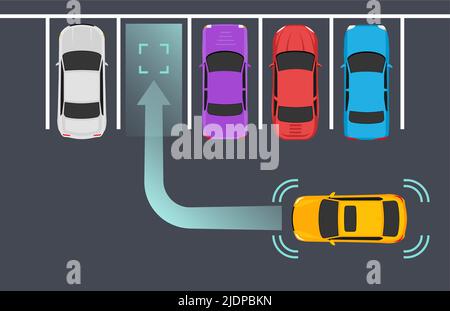 Vue autonome du capteur de voiture intelligent de stationnement. Sécurité de conduite de l'aide au stationnement automobile Illustration de Vecteur