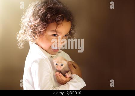 Petit garçon avec chat de bébé. Enfant avec chaton nouveau-né. Adorable petit bouclés tenant un joli petit garçon moelleux. Enfants et animaux domestiques. Banque D'Images