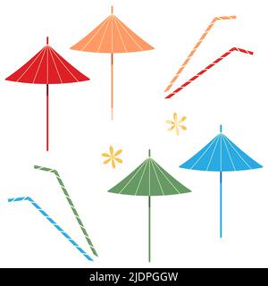 Décor d'été lumineux avec une image abstraite d'accessoires de cocktail colorés sur fond blanc. Tubes, parasols, fleurs. Convient pour l'impression, la circulaire, le motif, le logo. Illustration de Vecteur