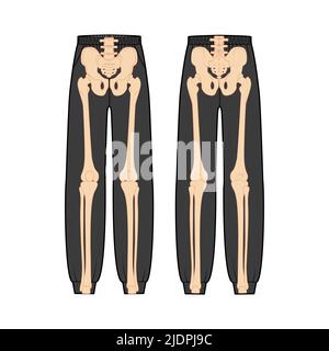 Ensemble de costume de squelette humain os sur pantalon de survêtement avant vue arrière hommes femmes pour Halloween, festivals pour l'impression sur les vêtements pour le jour de la mort plat noir concept illustration vectorielle isolée Illustration de Vecteur