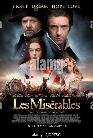 CROWE,JACKMAN,HATHAWAY,REDMAYNE,AFFICHE, LES MISERABLES, 2012, Banque D'Images