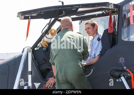 Schoenefeld, Allemagne. 22nd juin 2022. Un membre du personnel présente un tigre Eurocopter exposé au salon aérien de Berlin de l'ILA à Schoenefeld, en Allemagne, sur 22 juin 2022. Avec la participation d'environ 550 exposants venus d'environ 30 pays et régions, le salon de l'air de Berlin ILA a débuté ici mercredi. Credit: Shan Yuqi/Xinhua/Alay Live News Banque D'Images