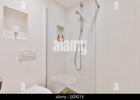 Cloison en verre entre le robinet de douche et les toilettes murales dans les toilettes modernes de la maison Banque D'Images