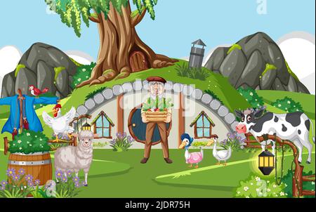 Maison Hobbit avec illustration des animaux de ferme Illustration de Vecteur