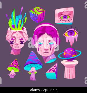 Autocollants psychédéliques avec design acide tendance de la sculpture grecque. Ensemble de dessins animés vectoriels de badges fous avec statue de fille et planètes, yeux, champignons isolés sur fond sombre Illustration de Vecteur