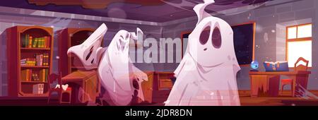 Fantômes effrayants dans la salle de classe de l'école de magie ancienne. Arrière-plan Halloween avec des esprits effrayants. Illustration vectorielle de l'intérieur hanté de classe abandonnée avec des fantômes volants Illustration de Vecteur