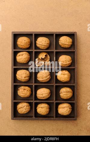 boîte avec compartiments remplis de noix, dont l'un est cassé Banque D'Images