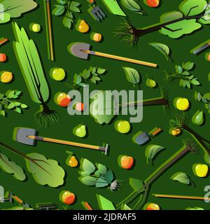 Semis de jeunes arbres avec racines et outils de jardin. Plantes de jardin. Plantations de fruits. Motif sans couture. Vecteur. Illustration de Vecteur