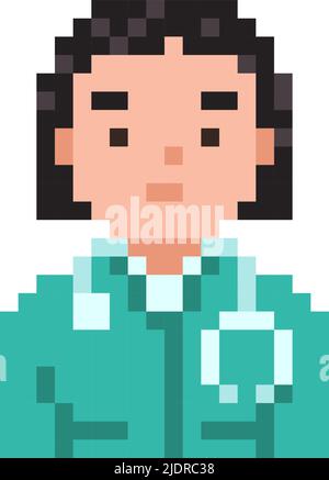 Médecin isolé sur fond blanc. Illustration de style de jeu de pixels médecin femme. Design d'art de pixel vectoriel Medic. Icône de personnage de personnage de 8 bits drôle Illustration de Vecteur