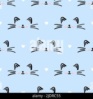 Motif bleu chat sans couture. Illustration du vecteur d'arrière-plan Meow et Cat Paws. Joli personnage de dessin animé pastel pour bébé fille de bébé imprimé. Illustration de Vecteur