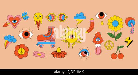 70s Vibe rétro, stickers hippie, éléments psychédéliques de la groovy. Caricature de fleurs et de champignons, roller à l'ancienne, arc-en-ciel, hippie vintage Illustration de Vecteur