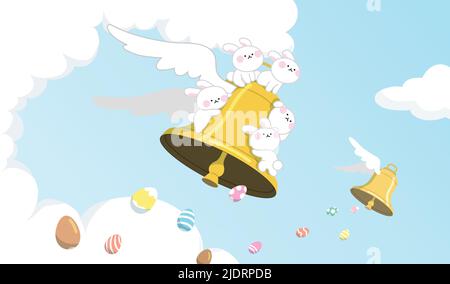 Illustration du vecteur de fête de Pâques. Cloches de Pâques avec des ailes volantes dans le ciel versant des œufs et des lapins de pâques. Illustration de Vecteur