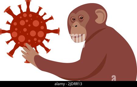 Cellule virale avec singe, illustration médicale simbolique. Monkey tient une balle - un virus. Cellules du virus de la variole du singe sur fond transparent. Microbiolo Illustration de Vecteur