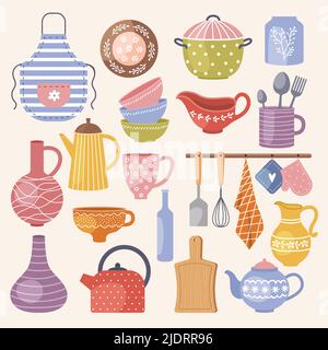 Ustensiles de cuisine décoratifs. Vaisselle carafe tasses cuillères assiettes fourchettes vase mugs récents vecteur couleur cuisine outils Illustration de Vecteur