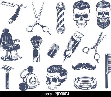 Ensemble de salon de coiffure. Logos et annonces symboles peigne lame ciseaux pour barbe coiffure exact vecteur monochrome emblèmes Illustration de Vecteur