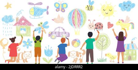 Dessin pour enfants. Dessins amusants au crayon sur le mur enfants dessinés animaux mignons herbe maison parents animaux soleil fleurs et arbres récent vecteur arrière-plan Illustration de Vecteur